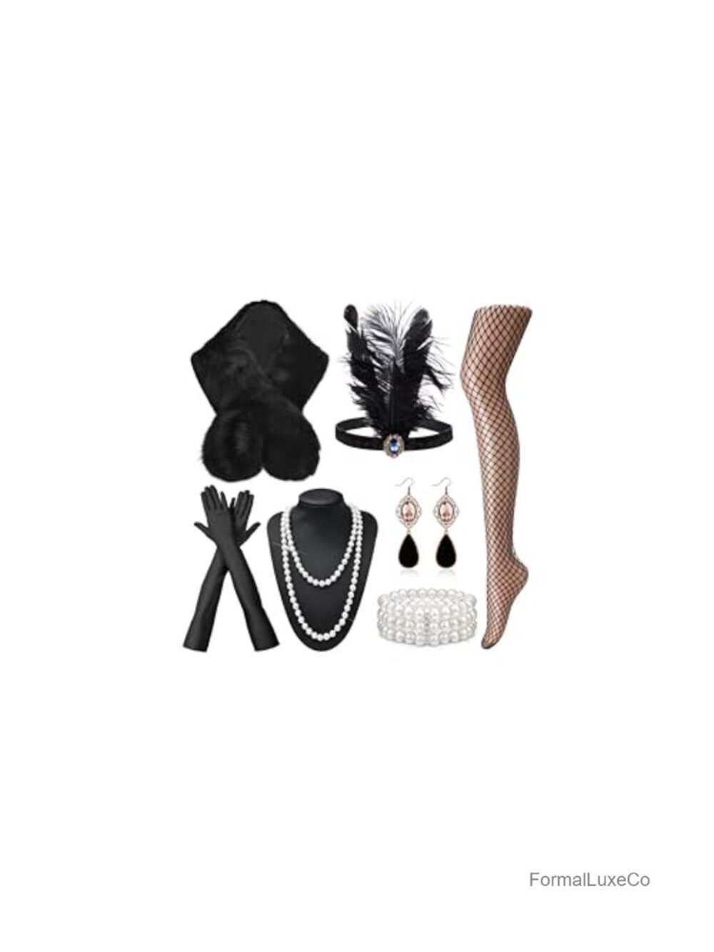 Flapper Costume Accessories Set Headband Gloves Pearl Necklace Earrings